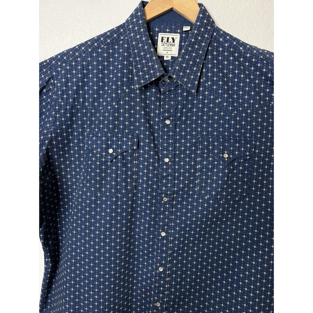 Ely Cattleman Mens Blue Geometric Pearl Snap Western Shirt Short Sleeve XXL 2XL - Picture 3 of 14
